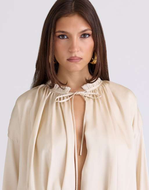 House of CB Talia satin open front blouse in ecru - BEIGE, 3 of 4