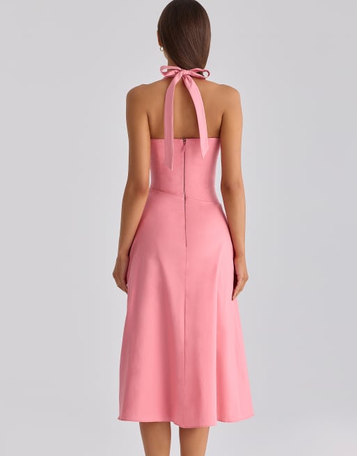 House of CB Tallulah raspberry cotton halter neck midi dress in raspberry - PINK, 2 of 4