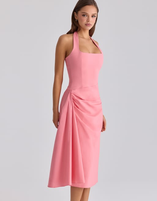 House of CB Tallulah raspberry cotton halter neck midi dress in raspberry - PINK, 4 of 4