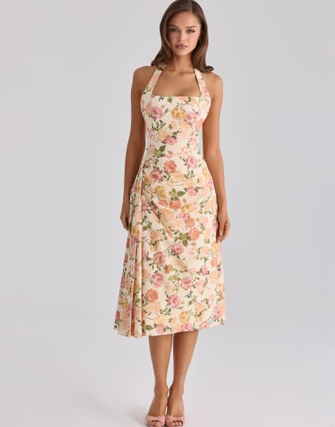 House of CB - Tallulah - Robe mi-longue dos nu en coton à imprimé roses - Couleurs chaudes - view 1