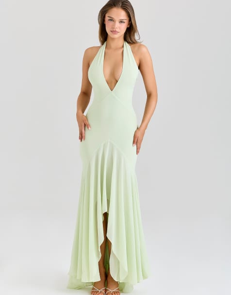House of CB Tamara pistachio georgette draped midi dress in pistachio