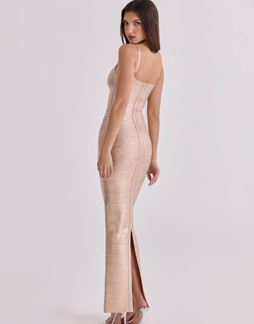 slim fit dress slacks Bandage Strapless Foil Maxi Dress Gold main image 0