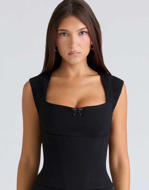 House of CB The cap sleeve stretch corset top in black, 3 of 4