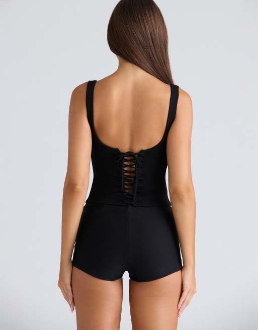House of CB The drape neck black corset top in black, 2 of 4