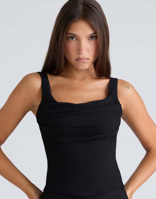 House of CB The drape neck black corset top in black, 3 of 4