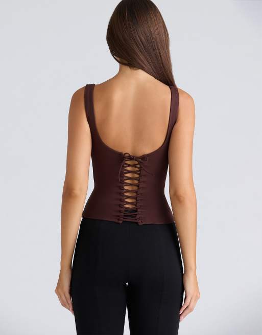 House of CB The drape neck chocolate corset top in chocolate, 2 of 4