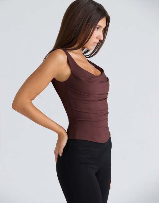 House of CB The drape neck chocolate corset top in chocolate, 4 of 4
