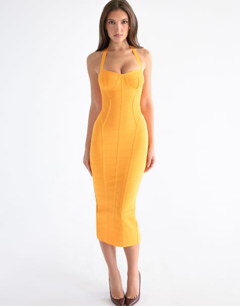 House of CB the sculpt midi bandage dress in orange sherbet