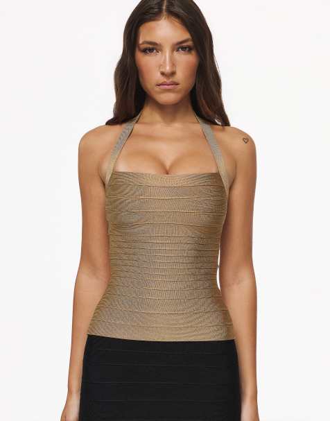 House of CB The silhouette gold shimmer halter neck bandage top in gold - view 1