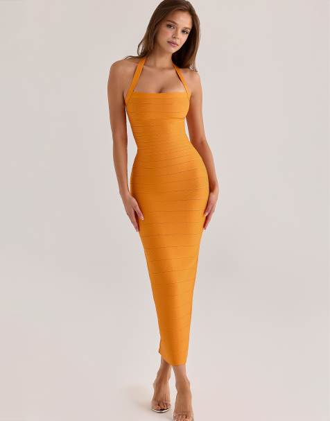 House of CB – The Silhouette Mango – Bandagen-Maxikleid in Orange mit Neckholder - view 1