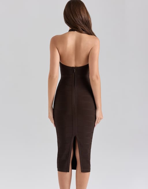 House of CB the supermodel halter midi bandage dress in chocolat