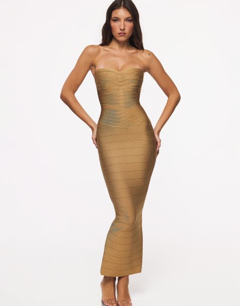 House of CB The sweetheart gold shimmer strapless v waist bandage maxi dress in gold - view 1