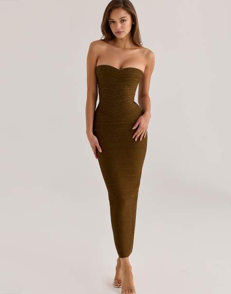 House of CB The sweetheart olive shimmer strapless v waist bandage maxi dress in olive - view 1