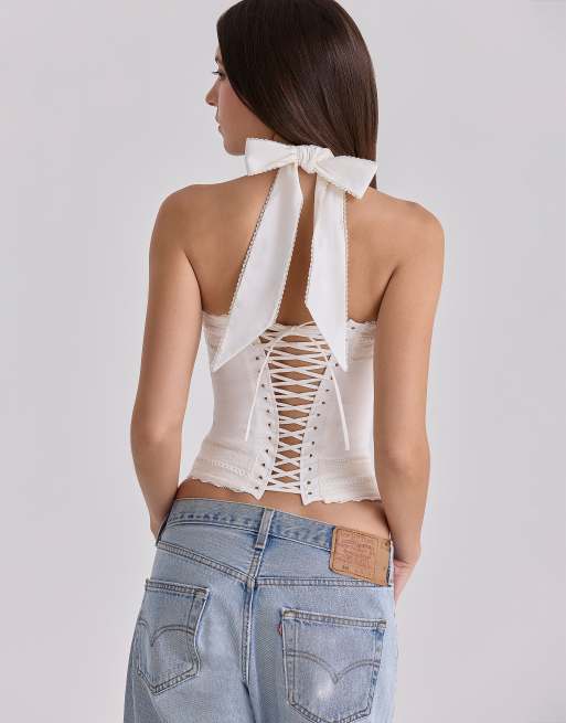 House of CB - Top blanco con cuello halter de algodón Cosette, 3 de 4