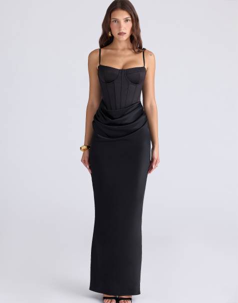 House of CB Valentina black satin draped corset maxi dress in black