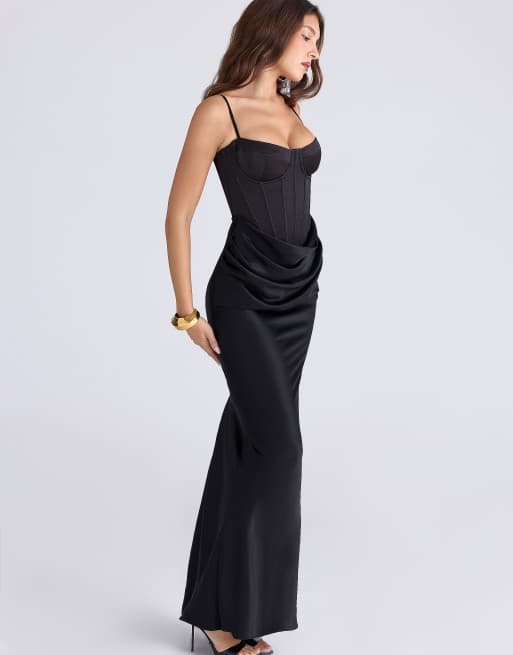House of CB Valentina black satin draped corset maxi dress in black | ASOS