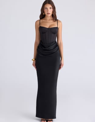 House of CB - Valentina - Robe longue drapée style corset en satin - Noir