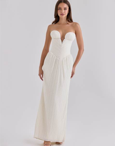 House of CB Valeriana witte chiffon jurk met microplooien, strapless en maxi, in wit - view 1