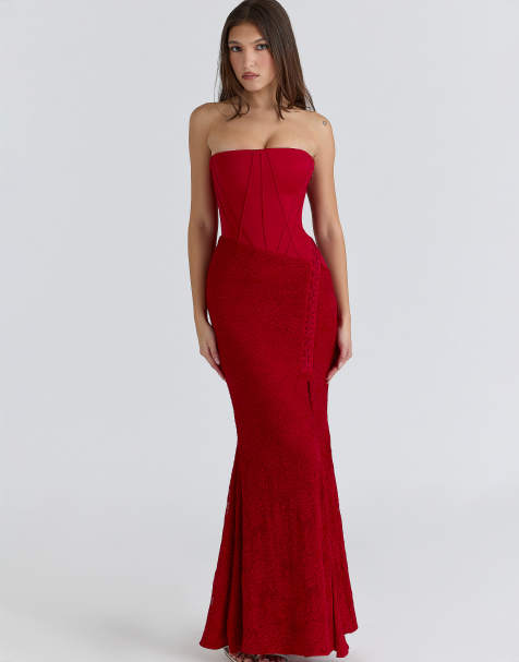 House of CB Valerie robe longue bustier en satin et dentelle rouge - view 1