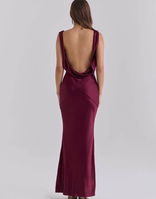 House of CB vestido largo satinado con drapeado y espalda drapeada en cabernet, 2 de 4