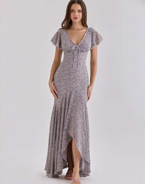 House of CB - Vestido largo tipo tea de georgette con estampado floral vintage lila Amina - view 1