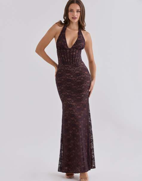 House of CB - vestido maxi Saskia de encaje marrón chocolate con silueta moldeadora en chocolate - view 1