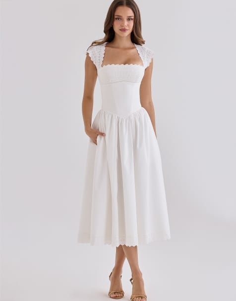 House of CB - vestido midi de verano blanco de algodón con ribete de broderie anglaise - view 1
