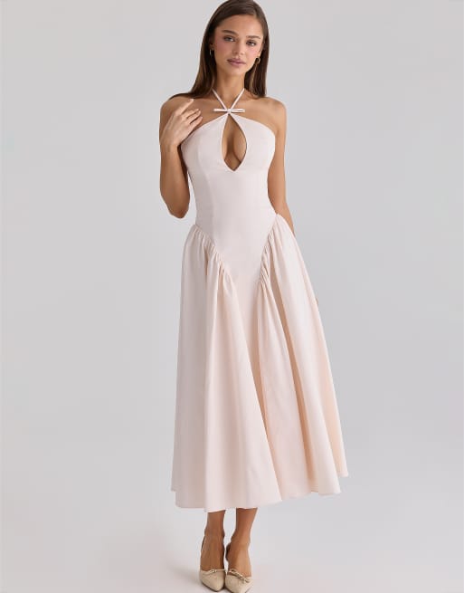 House of CB vestido midi Lilli de algodón en rosa empolvado con abertura tipo cerradura, 1 de 4