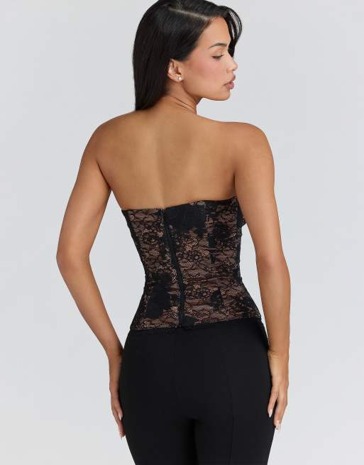 House of CB Yara black lace strapless corset top in black, 2 of 4