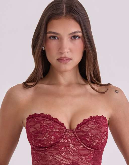 House of CB Yara wine lace strapless corset top in wine - BURGUNDY, 2 of 4