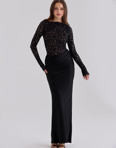 House of CB Yasmeen black corded lace + satin draped maxi dress in black - view 1