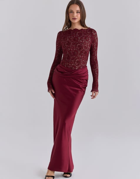 House of CB Yasmeen vestito lungo drappeggiato in pizzo e raso color cabernet - view 1