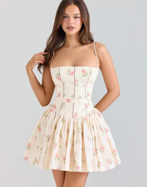 House of CB Ysabella cream rose print stretch cotton mini sundress in cream rose - CREAM - view 1