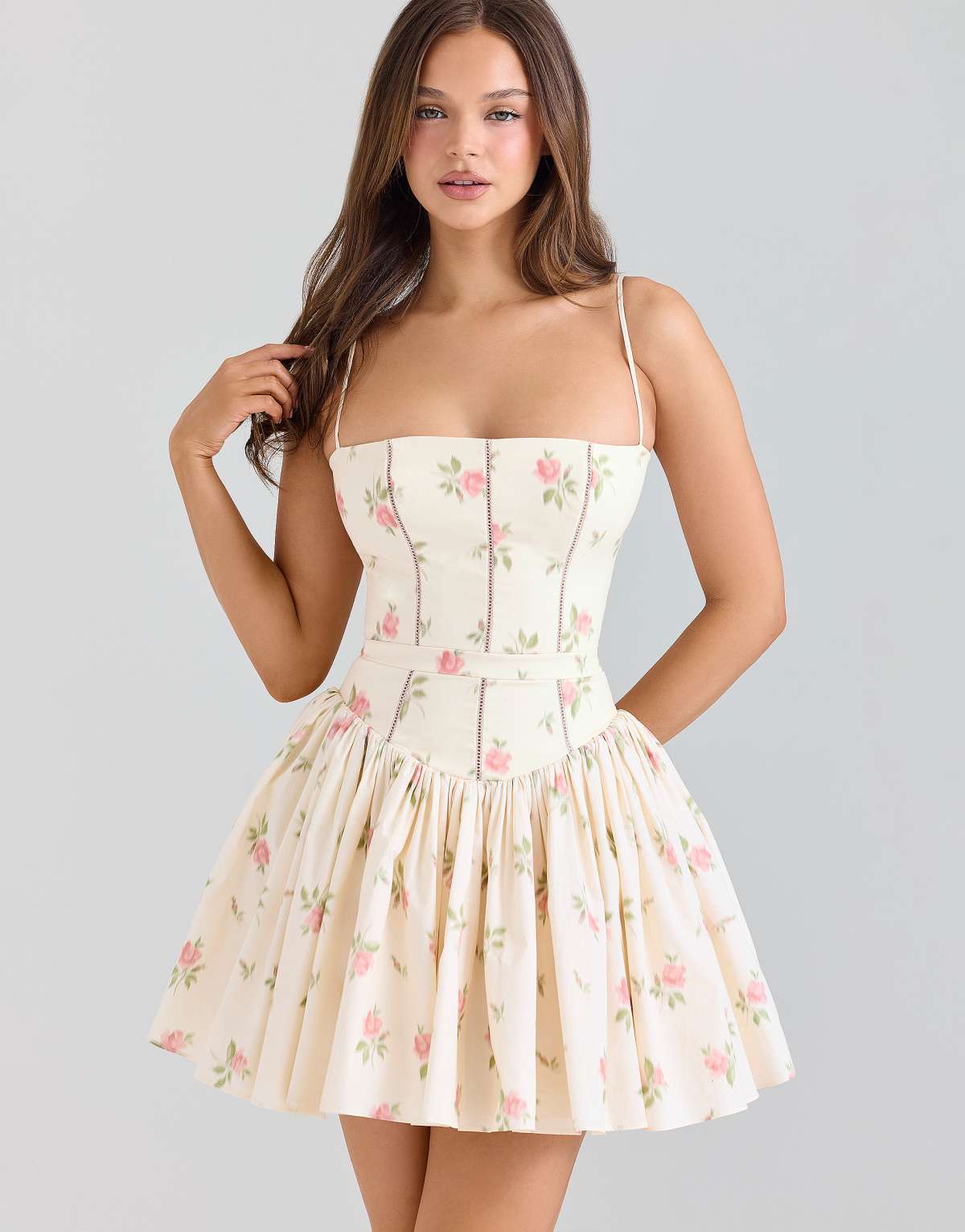 House of CB Ysabella cream rose print stretch cotton mini sundress in cream rose