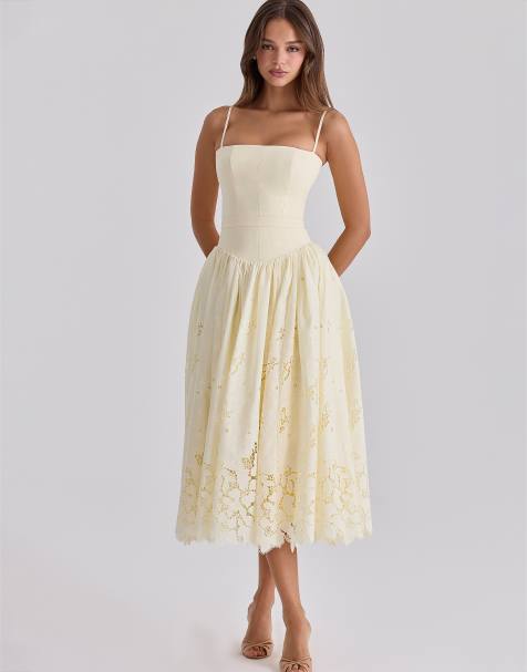 House of CB Ysabella lemon custom lace + broderie anglaise midi sundress in lemon - view 1