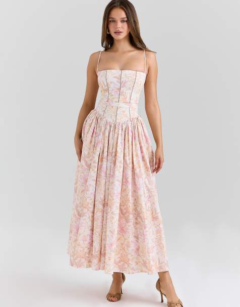 House of CB Ysabella peach floral print stretch cotton midi sundress in peach floral