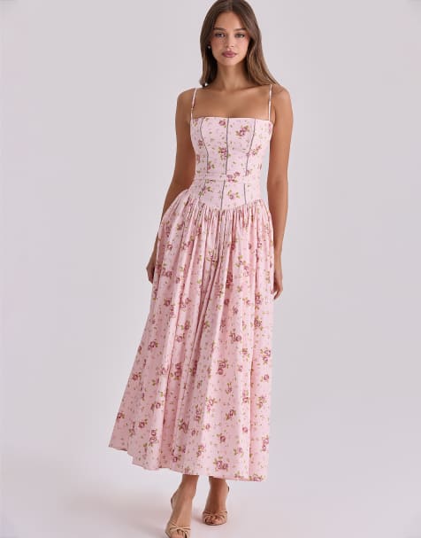 House of CB - Ysabella - Prendisole midi in cotone rosa con stampa di rose vintage - view 1
