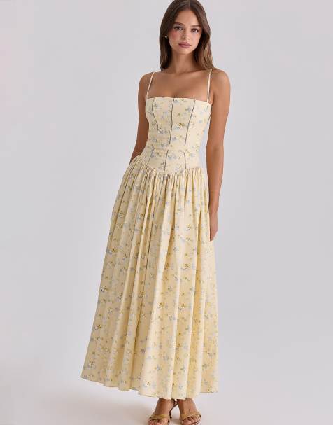 House of CB - Ysabella - Robe d'été mi-longue en coton à imprimé fleurs - Citron - view 1