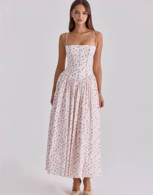 House of CB - Ysabella - Robe d'été mi-longue en coton à imprimé roses - Blanc
