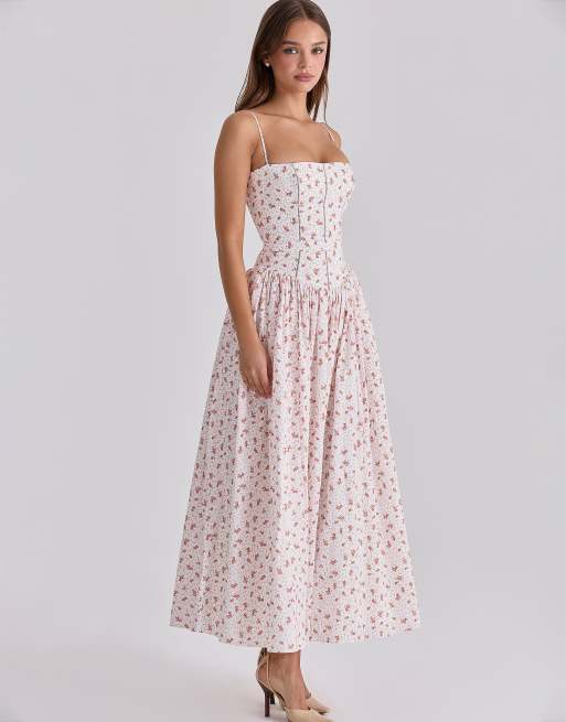 House of CB Ysabella robe d'été mi-longue en coton à imprimé roses blanches, 2 de 4