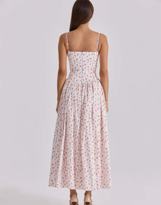 House of CB Ysabella robe d'été mi-longue en coton à imprimé roses blanches, 4 de 4