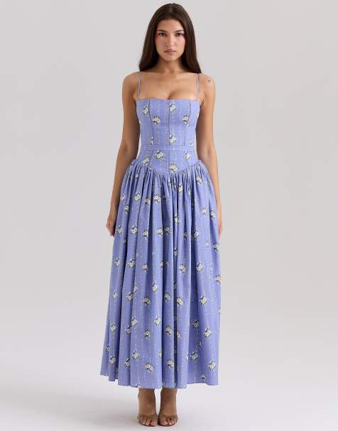 House of CB Ysabella stretch cotton midi sundress in blue daisy print