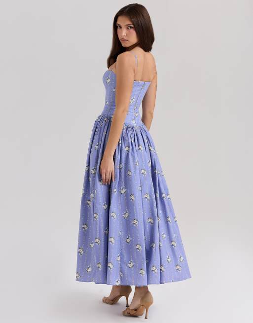 House of CB Ysabella stretch cotton midi sundress in blue daisy print