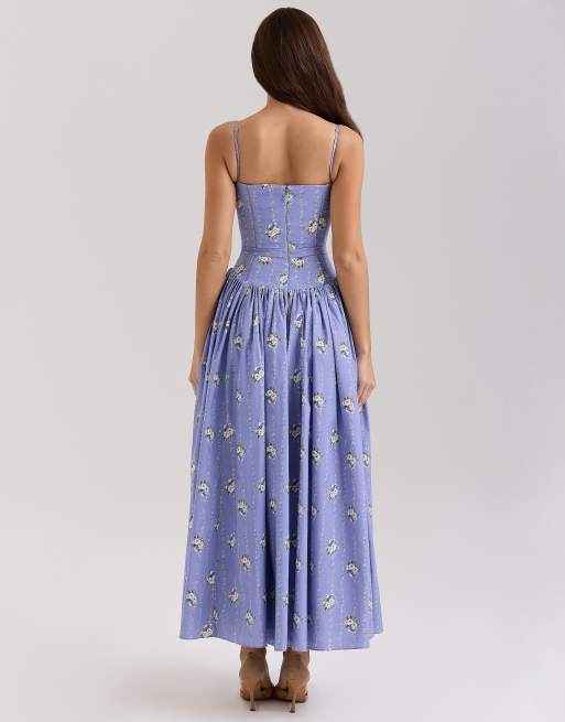 House of CB Ysabella stretch cotton midi sundress in blue daisy print