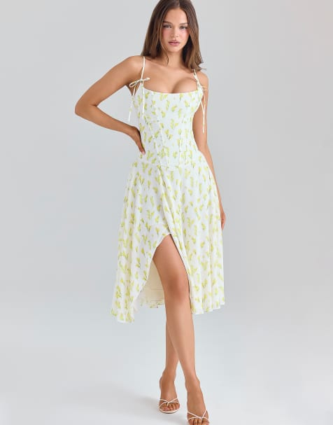 House of CB Yvette lemon floral print georgette midi dress in lemon floral
