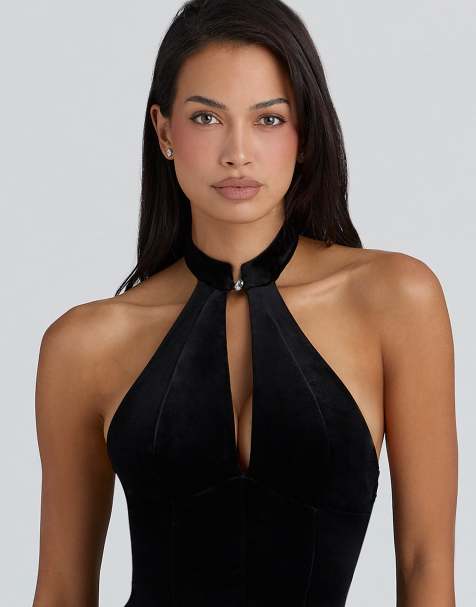 House of CB Zia black velvet halter neck top in black