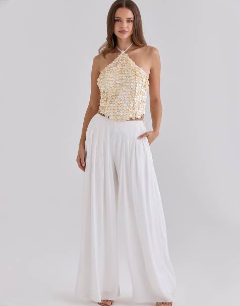 House of CB Zina ivory georgette hand beaded shell embellished halter neck top - limited edition in ivory