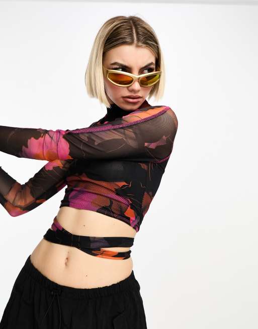 House of Hollan - Højhalset croptop i mesh med abstrakt orange/sort print