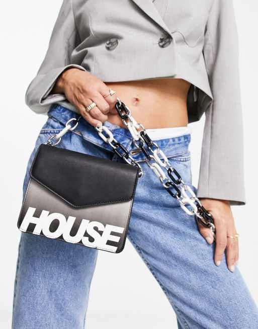 House of Holland - Borsa a tracolla nera con cordino con catena e logo