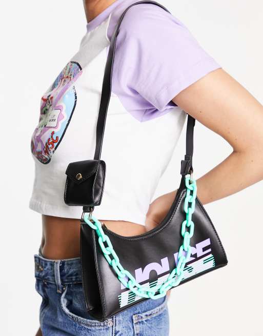 House of Holland - Borsa da spalla nera con tracolla, catenina e logo